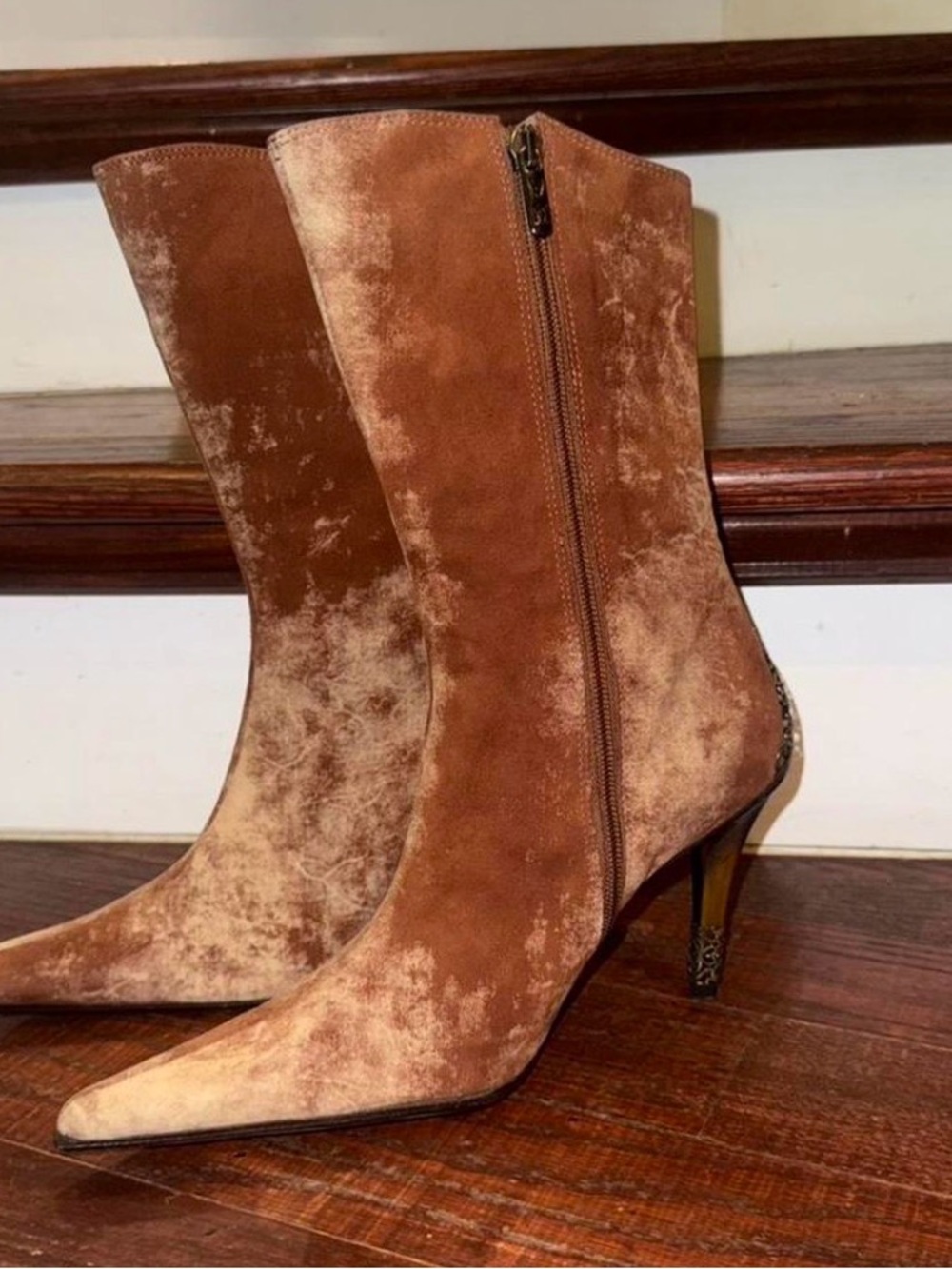 Women's Tan Velvet Mid-Calf Pointed Toe Heeled Boots